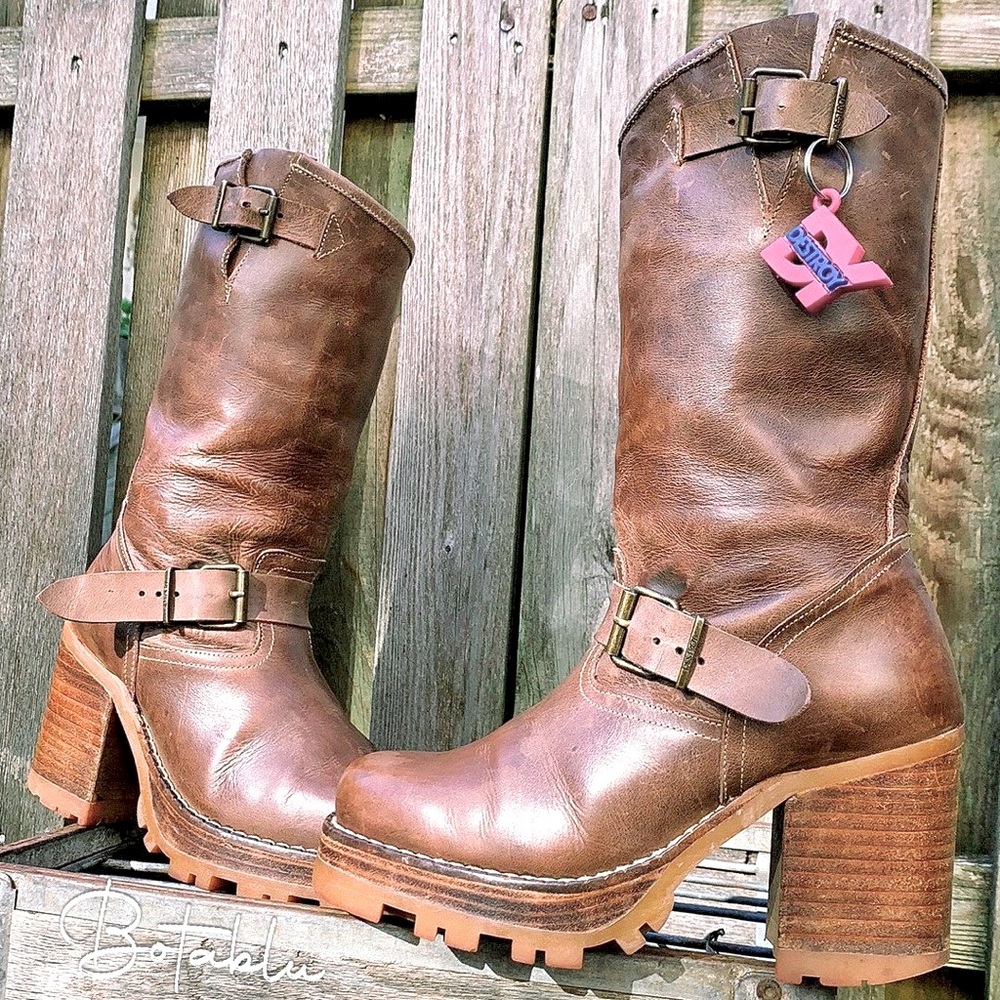 DESTROY Platform Vintage Chunky High Heel Y2K Brown Boots - Picture 6 of 11